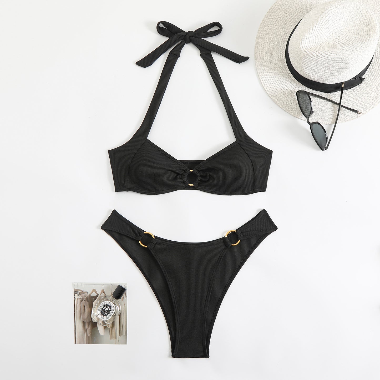 Black Ribbed Halter Bikini Set with Gold O-Ring Detail | Two Piece Swimsuit