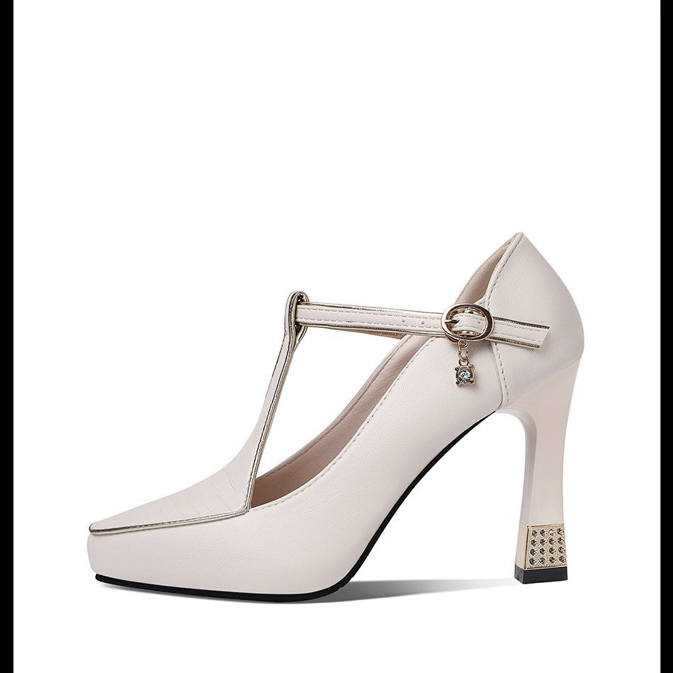 Black Crocodile Embossed T-Bar Pointed Toe Pumps with White Piping, Gold Crystal Charm & Rhinestone Block Heel | Luxury Women's Heels
