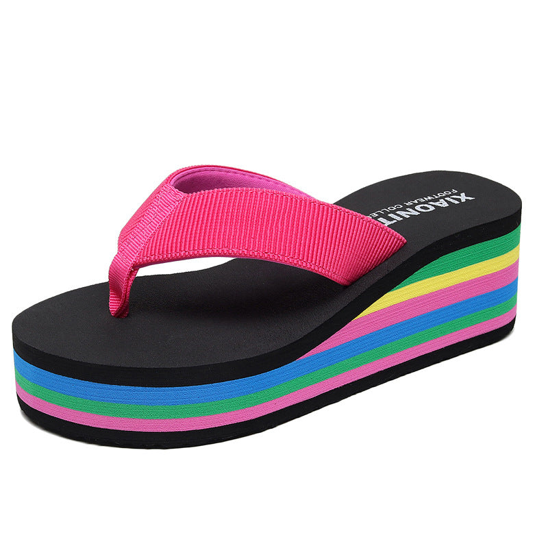 Rainbow Platform Wedge Flip Flops for Women | Colorful Striped Thick Sole Beach Sandals | Hot Pink Thong Sandals with High Platform
