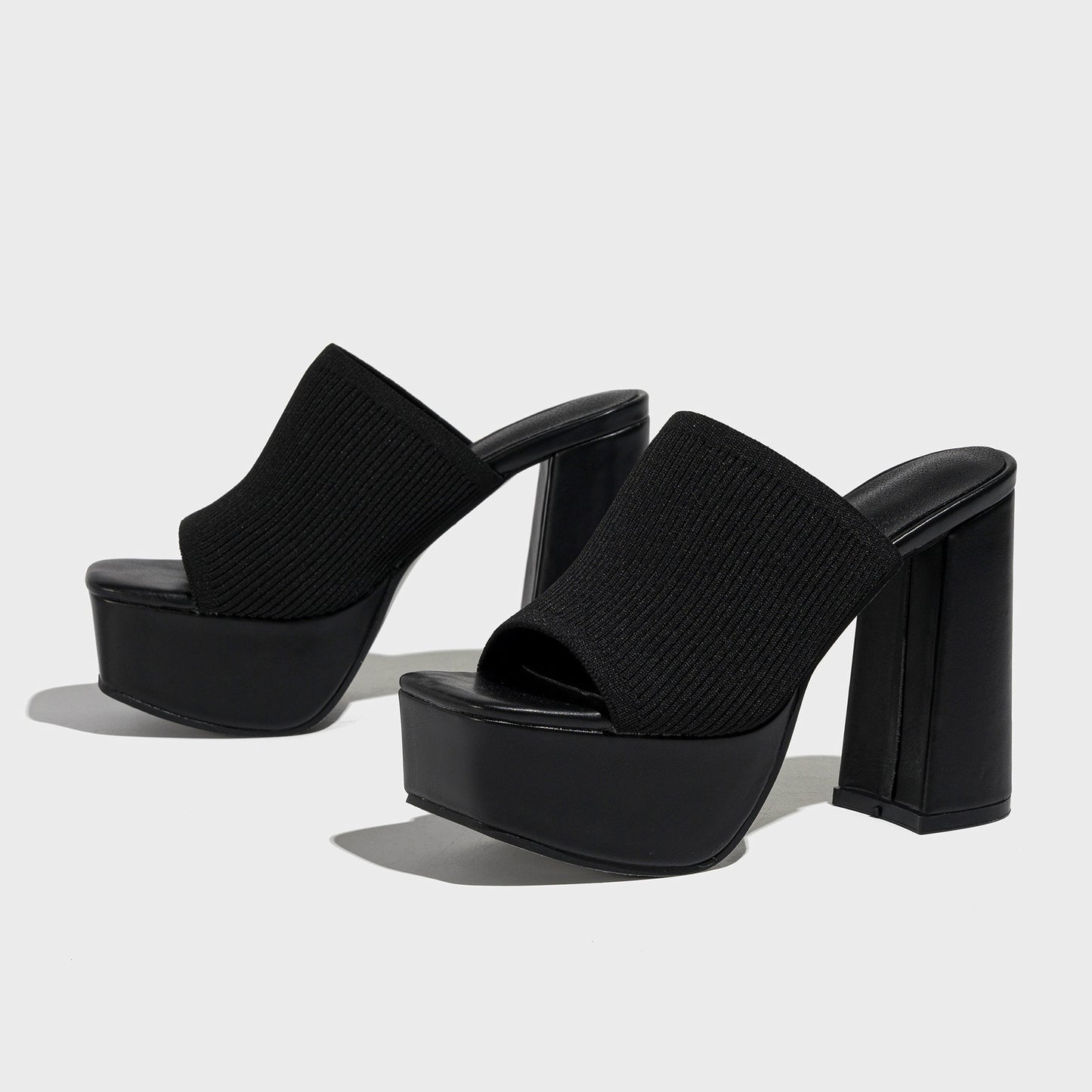 Black Knit Platform Mule Heels | Open Toe Chunky Block Heel Slides | Purple Platform Slip-On Heels for Women