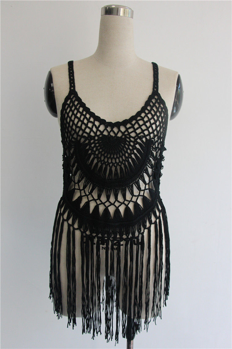 Black Crochet Fringe Lingerie Dress Women Sexy Hollow Out Tassel Babydoll Beach Cover Up Halter Boho Intimate Mini Dress