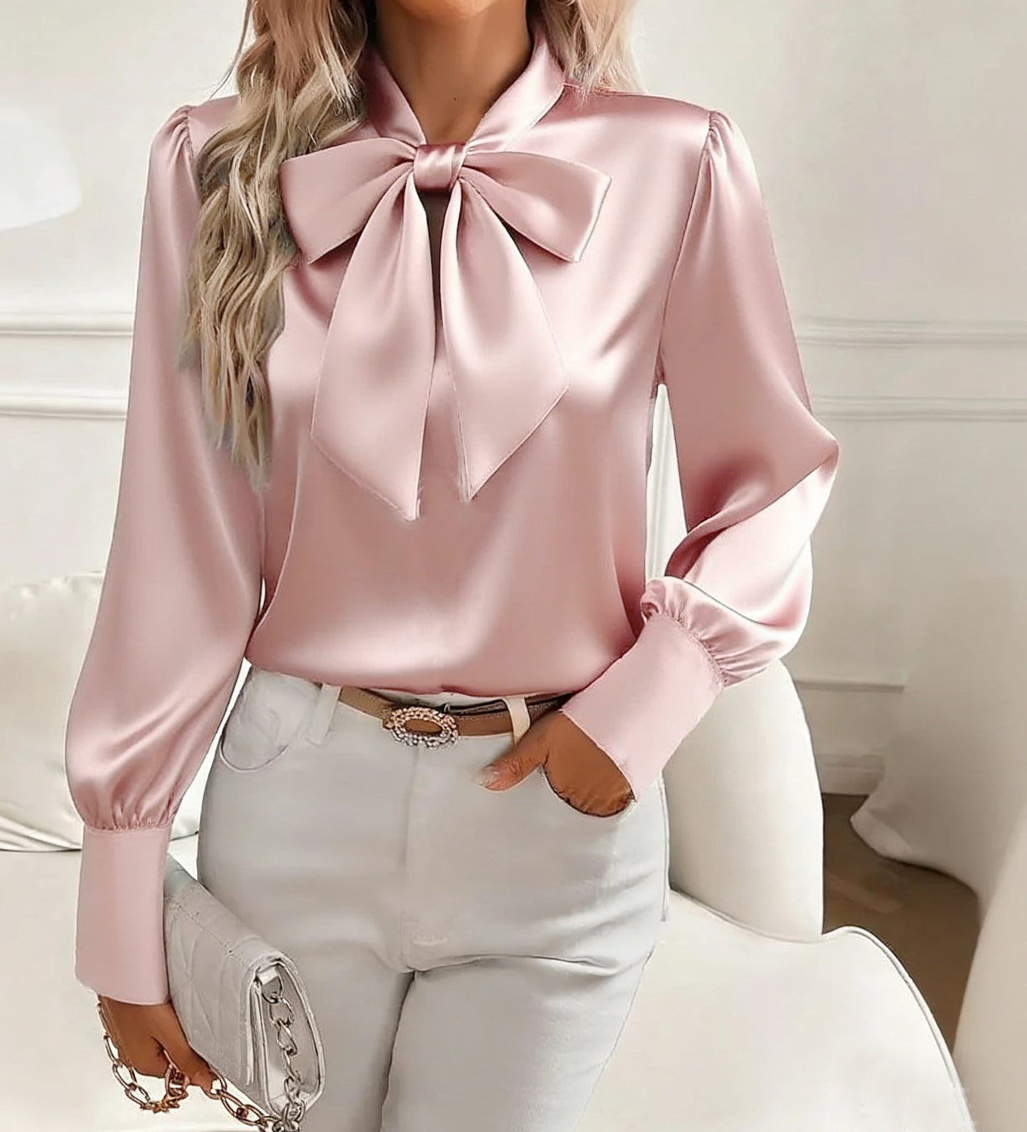 Womens Black Satin Bow Tie Neck Blouse Elegant Long Sleeve Puff Shoulder Silk Like Top for Office Work Party and Formal Occasions