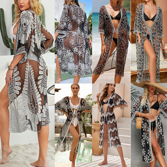 Schwarzer, transparenter Kimono-Strandüberwurf mit Sternenstickerei | Langer Strandcardigan mit Spitzenbesatz | Strandüberwurf für Damen