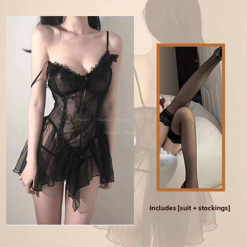 Women's Black Lace Corset Mesh Ruffle Mini Slip Dress ? Sexy Sheer Boned Babydoll Nightgown Lingerie