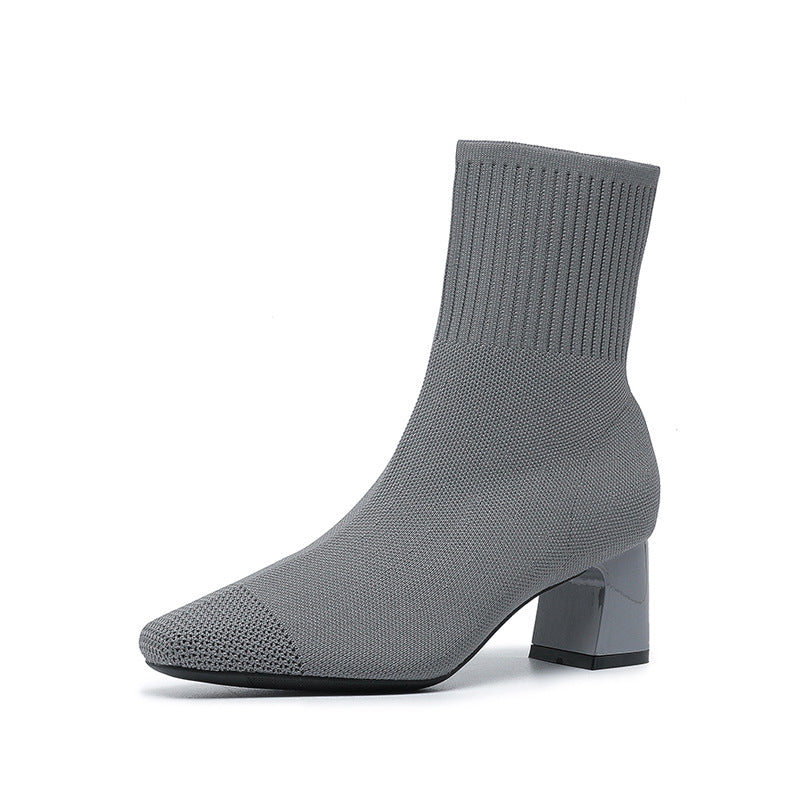 Black Ribbed Knit Sock Block Heel Ankle Boots | Women's Stretch Pointed Toe Silver Accent Heel Booties