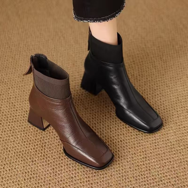 Black Leather Knit Sock Block Heel Ankle Boots with Square Toe | Chic Everyday Women's Boots