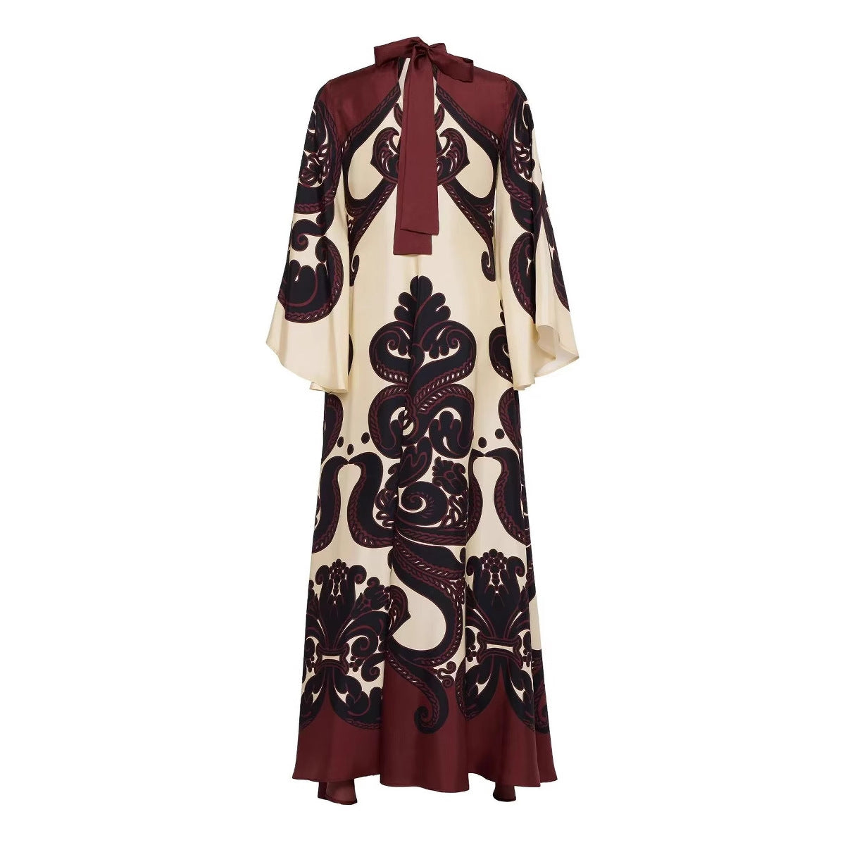 Baroque Damask Print Maxi Dress | Flared Bell Sleeves & Tie Neck | Luxury Cream Burgundy Boho Elegant Long Dress for Women