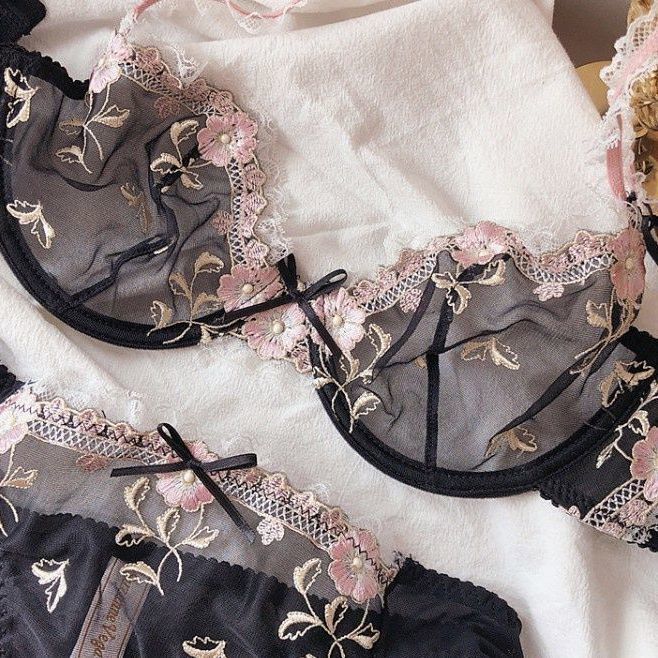 Women's Black Floral Embroidered Lace Bra and Panty Set Sexy See-Through Mesh Underwire Push Up Lingerie Set