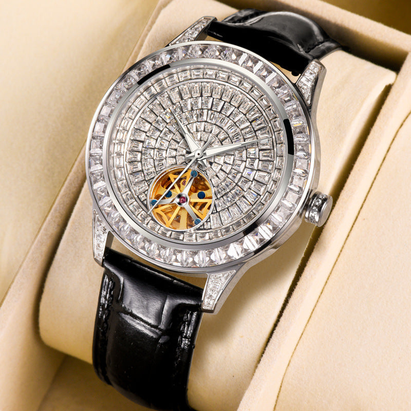 Black Tourbillon Automatic Mechanical Watch Crystal Bezel 3D Textured Dial Black Leather Strap | Men Luxury Skeleton Gold Movement Dress Wrist Watch