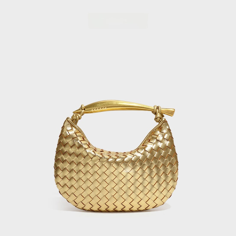 Burgundy Woven Leather Hobo Bag with Gold Handle | Intrecciato Crescent Shoulder Bag