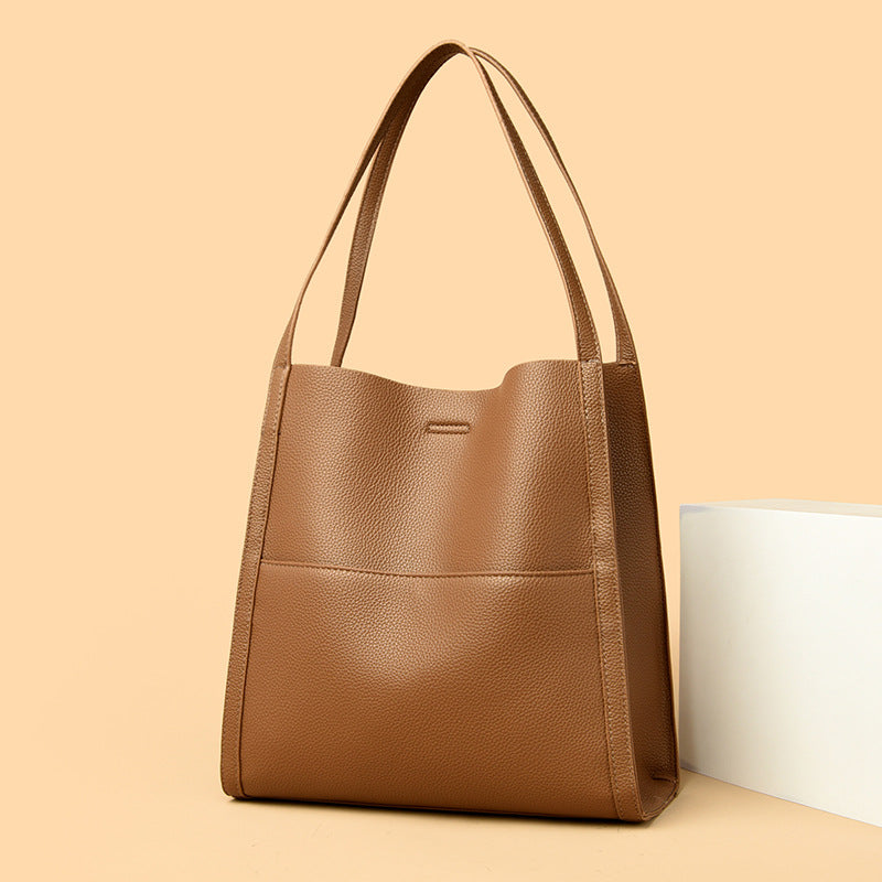 Black Leather Tote Bag with Front Slip Pocket | Minimalist Shoulder Bag