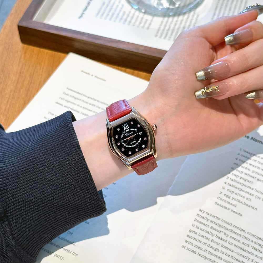 Dinimi Tonneau Watch Women | Black Starry Crystal Dial | CZ Diamond Markers Roman Numeral | Silver Case Black Leather Date Watch