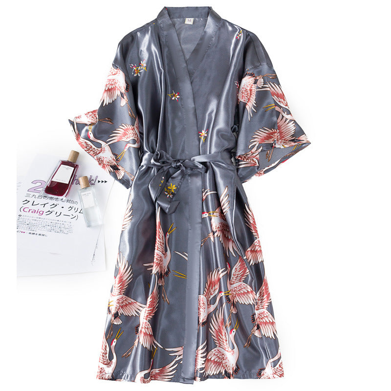 Navy Blue Satin Kimono Robe Women | Crane Print Silk-Feel Belted Robe | Luxury Sleepwear Loungewear Gift