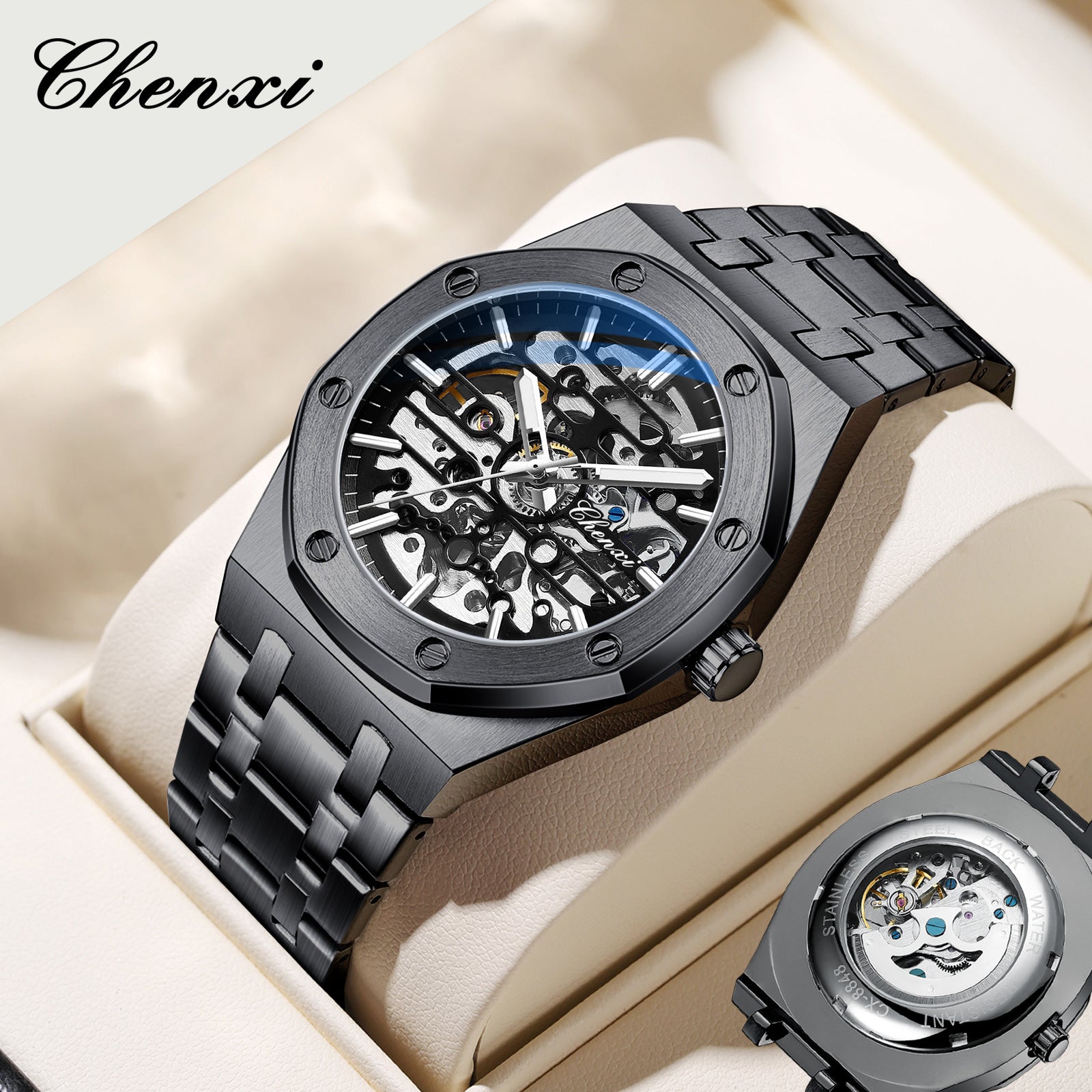 Chenxi Men's Skeleton Mechanical Watch | Royal Oak Style Octagonal Screw Bezel Blue Accent | Silver Stainless Steel Bracelet Luxury Timepiece