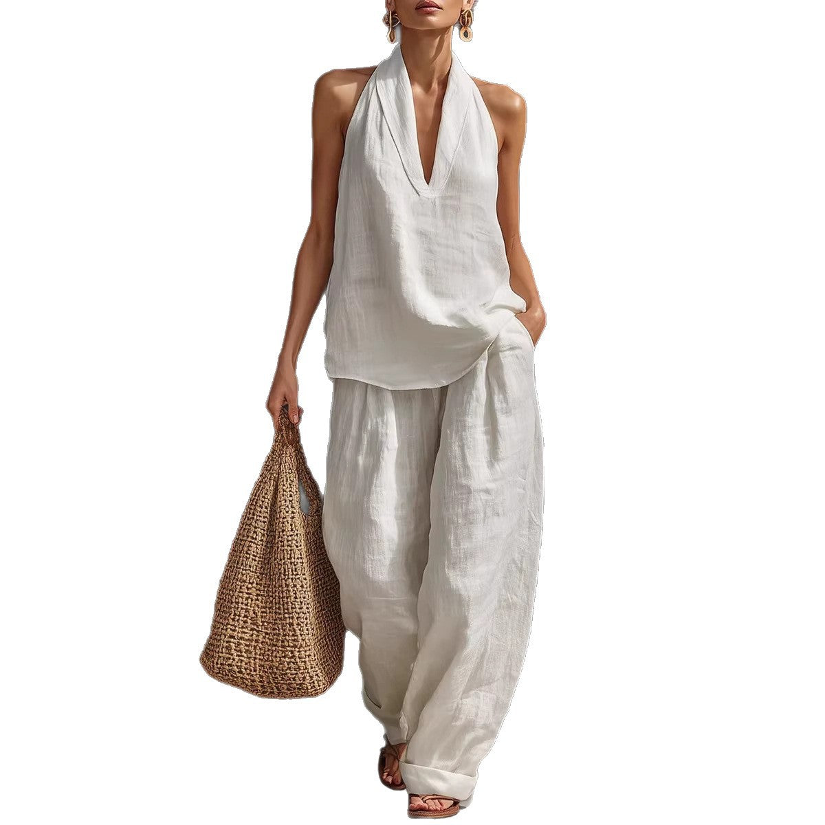 Women's 2 Piece Linen Halter Neck Top & Wide Leg Pants Set | Casual Boho Summer Co-Ord Outfit | Beach Vacation Loungewear | Burgundy