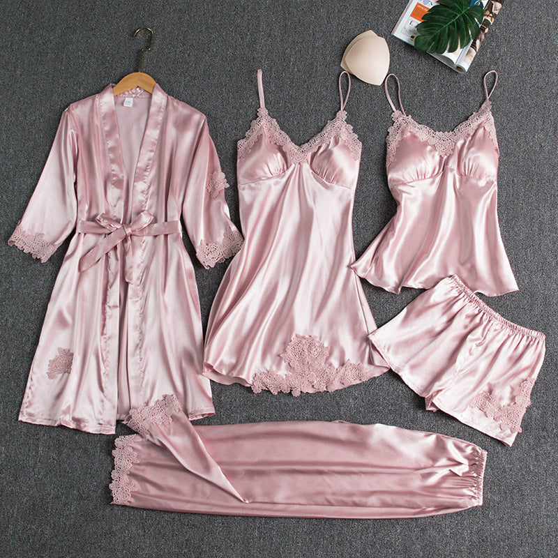 Black Satin Lace Pajama Set | 5-Piece Silk Sleepwear for Women