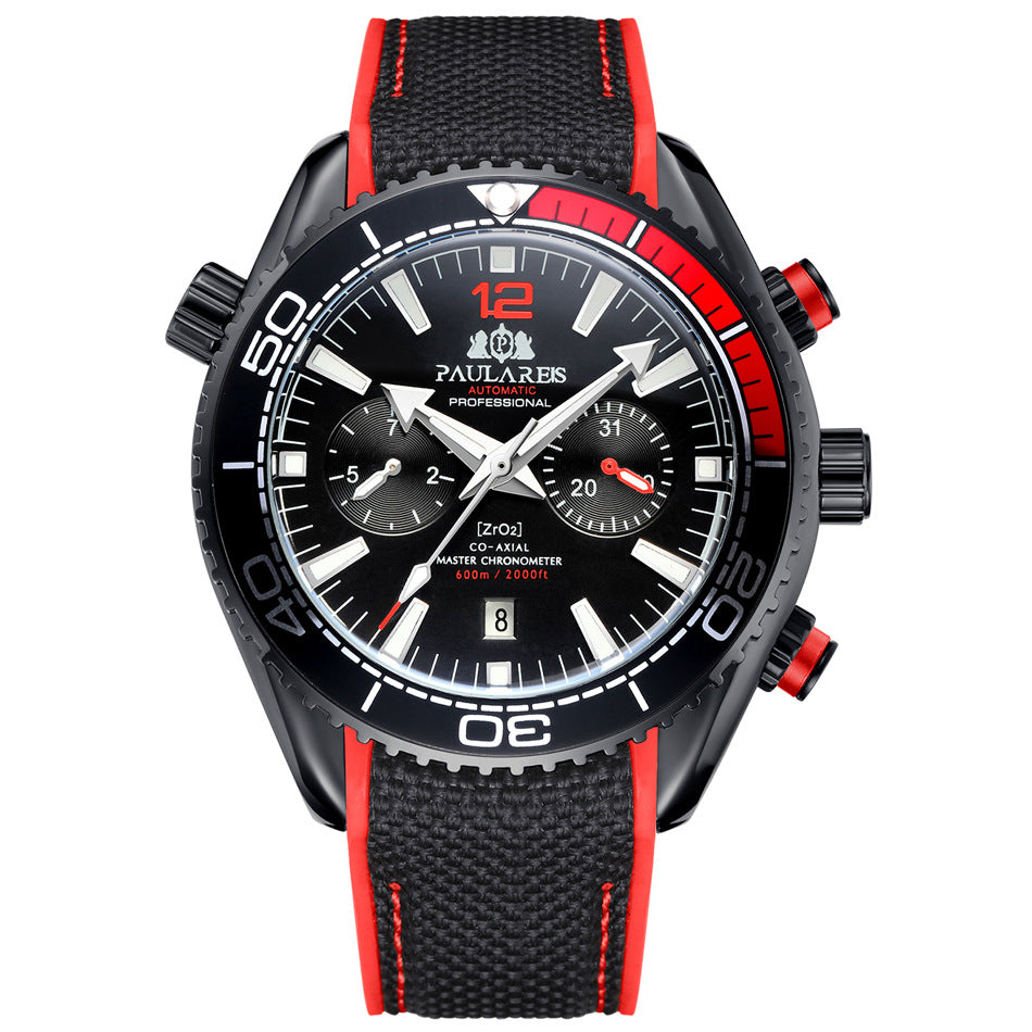 Paulareis Automatic Professional Diver Chronograph Watch | ZrO2 Co-Axial Master Chronometer 600m | Black & Orange Rubber Strap Men's Watch