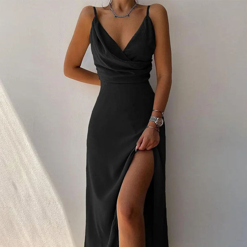 Womens V Neck Spaghetti Strap Maxi Dress with Side Slit Sleeveless Wrap Style Long Summer Dress Available in Multiple Colors and Prints