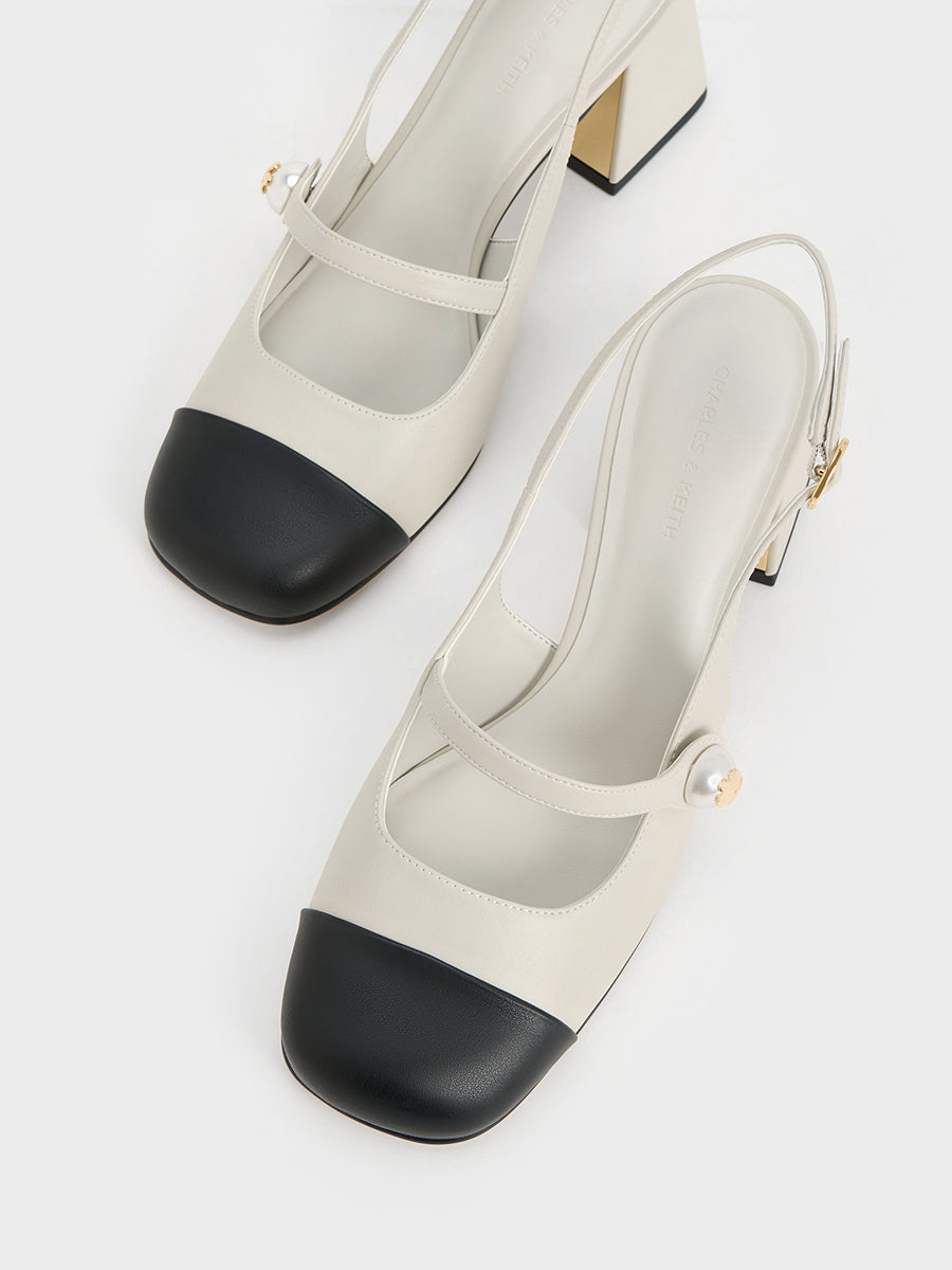 Ivory Black Cap Toe Mary Jane Slingback Block Heels for Women | Two Tone Pearl Button Strap Mid Heel Pumps | Elegant Vintage Inspired Block Heel Shoes | Chanel Inspired Cap Toe Heels