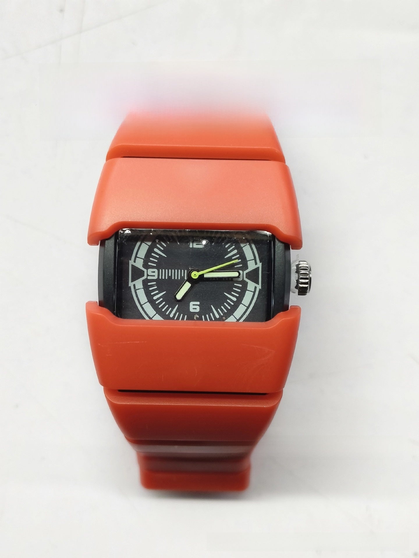 Men's Futuristic Wide Rectangular Watch | Matte Silver Aluminum Case Black Dial Neon Green Hands | Diesel Style Techwear Sport Timepiece