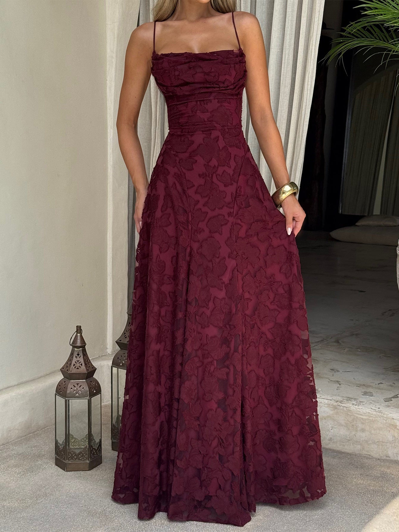 Burgundy Lace Floral Maxi Dress | Spaghetti Strap A-Line Formal Evening Gown