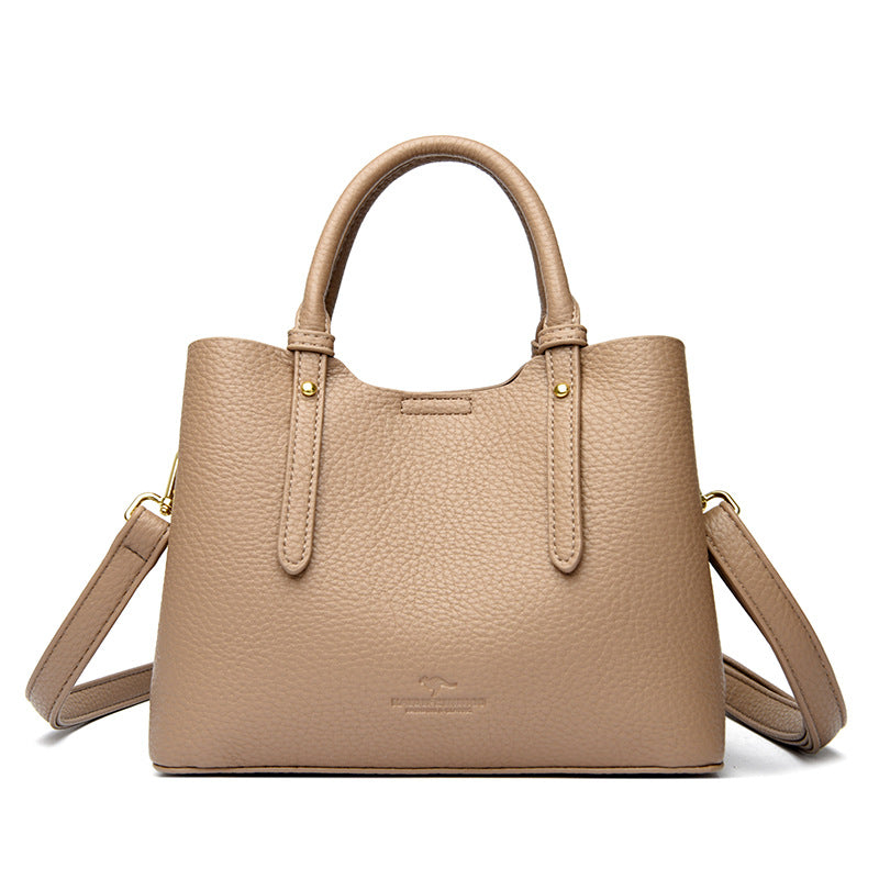 Taupe Pebbled Leather Satchel Bag - Structured Top Handle Tote with Crossbody Strap | Women's Professional Handbag with Gold Hardware
