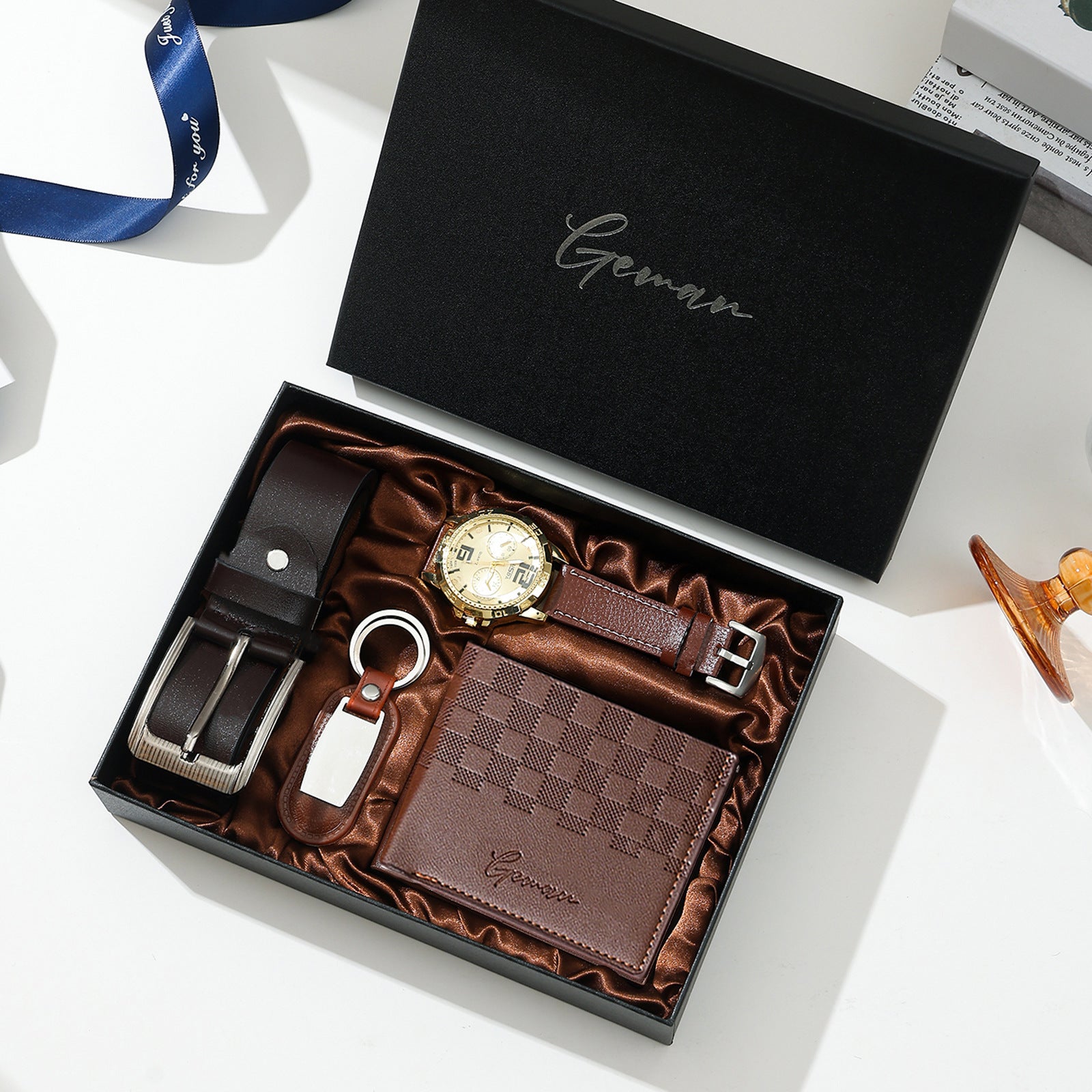 Geman Men's Luxury Gift Set – 6-Piece Black Leather Belt, Wallet, Watch, Bracelet, Keychain & Pen Box Set | Premium Men's Gift