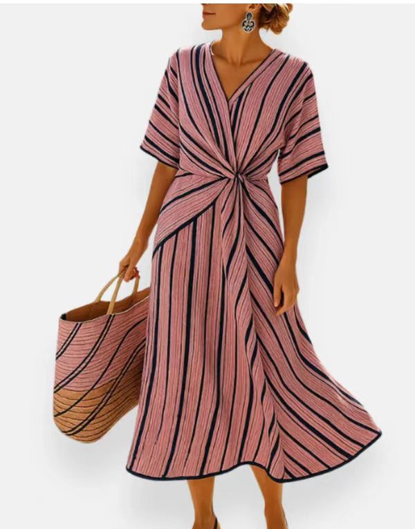 Women's Beige Contrast Trim Two Piece Set | V-Neck Twist Top + Wide Leg Pants Summer Co-ord Outfit
