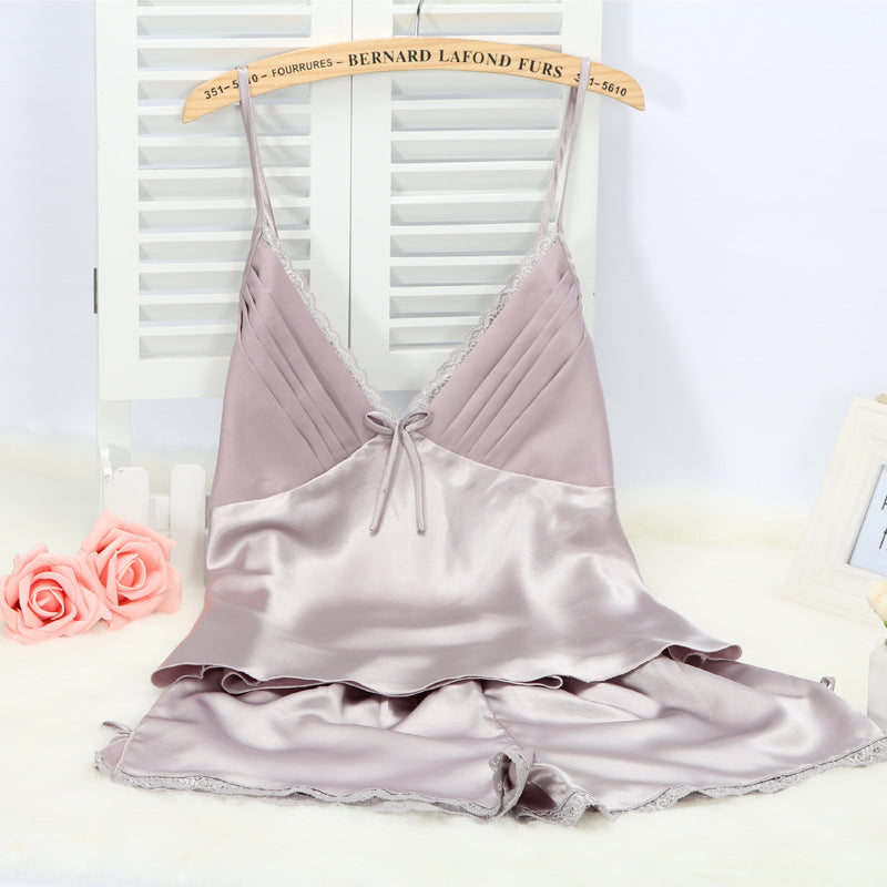 Satin Lace Trim Pajama Set | Cami Top & Shorts with Bow Detail | Silky Sleepwear for Women | Cream Loungewear Set