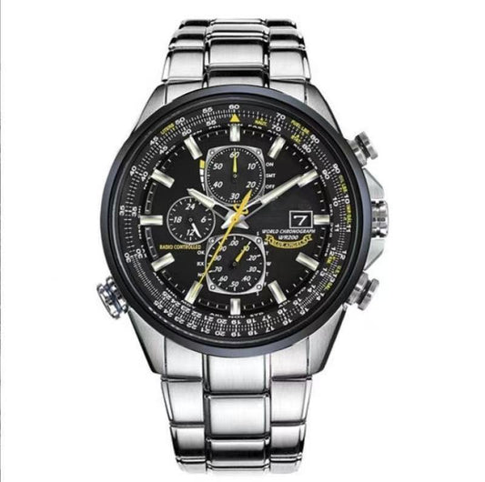 Citizen Blue Angels World Chronograph Watch | Radio Controlled WR200 | Black Dial Blue Bezel | Silver Steel Pilot Watch