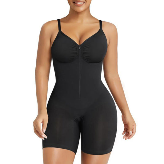 Brauner Ganzkörperformer für Damen | Bauchweg Body mit Reißverschluss | Schlankmachender Mid-Thigh Shapewear Overall