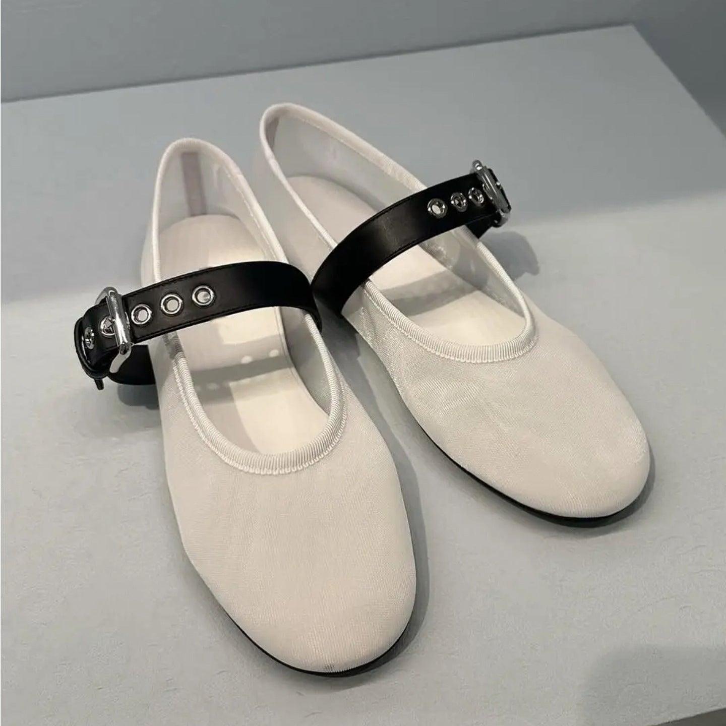Miu Miu White Mesh Fabric Ballerinas | Buckle Strap Logo Ballet Flats for Women