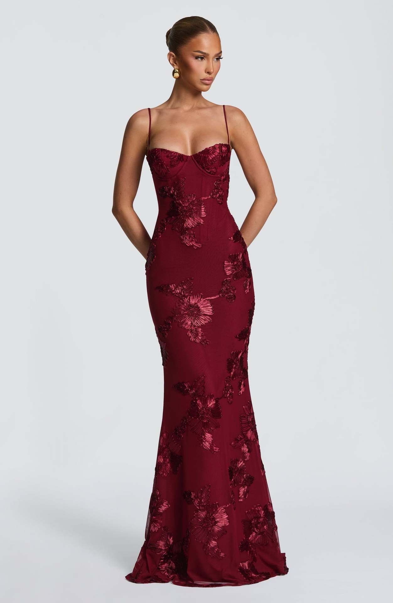 Women's Mauve Purple Floral Sequin Mermaid Gown - Spaghetti Strap Sweetheart Corset Bodycon Maxi Dress - Luxury Embellished Evening Gown for Gala, Prom, Wedding & Red Carpet