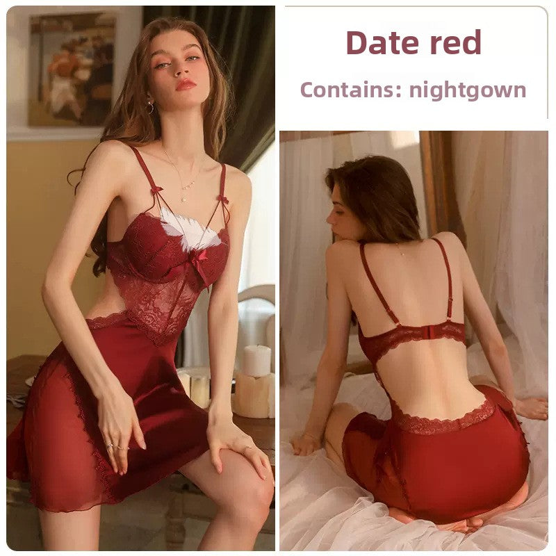 Women's Pink Satin Lace Bow Nightgown Sexy Strappy Crossover Bust Mini Slip Dress Romantic Chemise Sleepwear