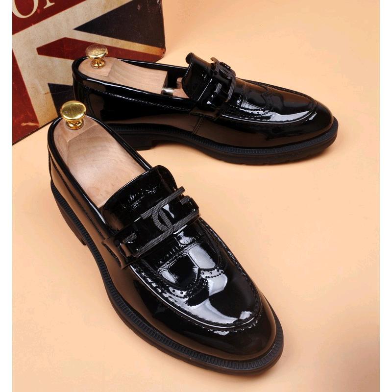 Men's Black Patent Leather Brogue Loafers | Decorative Buckle Strap Chunky Sole Slip-On Dress Shoes