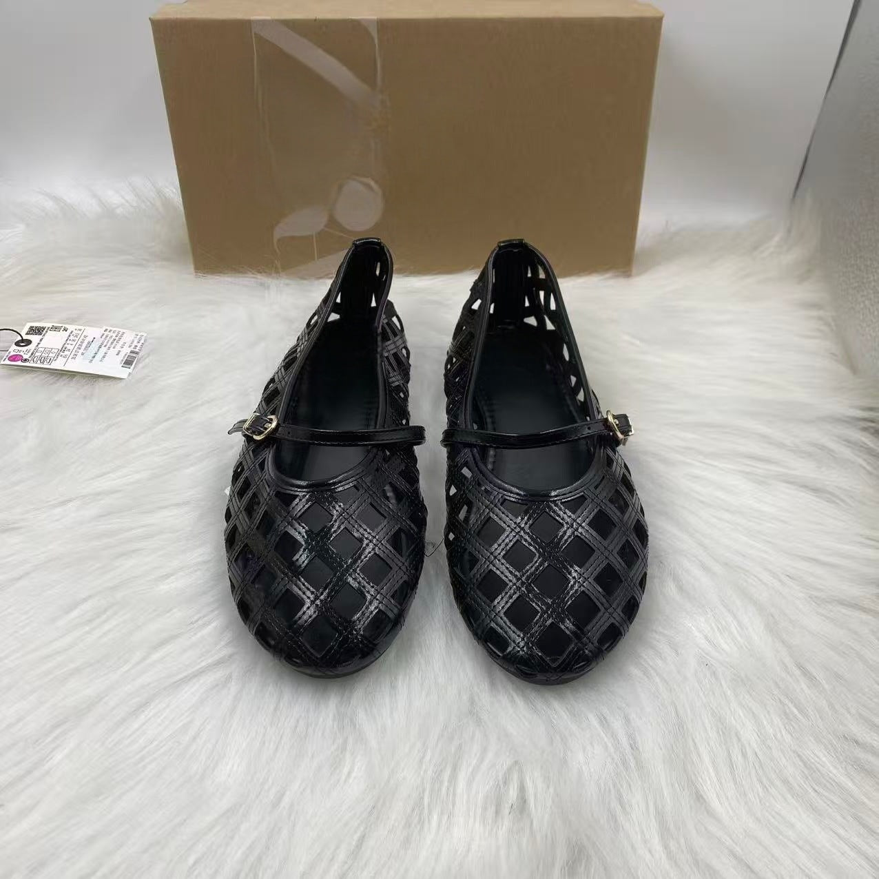 Metallic Laser Cut Cage Mary Jane Ballet Flats | Gold & Black Cut-Out Diamond Lattice Flat Shoes for Women