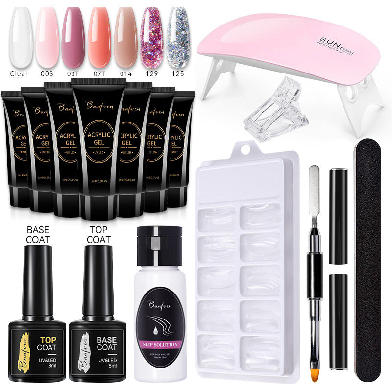Baafven 11PCS Acrylic Gel Nail Extension Kit | Poly Gel Set with UV LED Nail Lamp, Top & Base Coat, Nail Forms & Tools