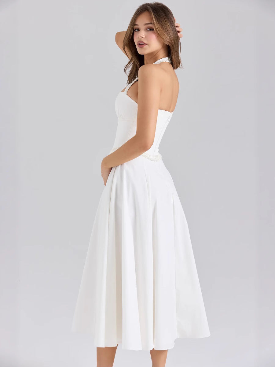 White Halter Corset Midi Dress | Sweetheart A-Line Women Dress