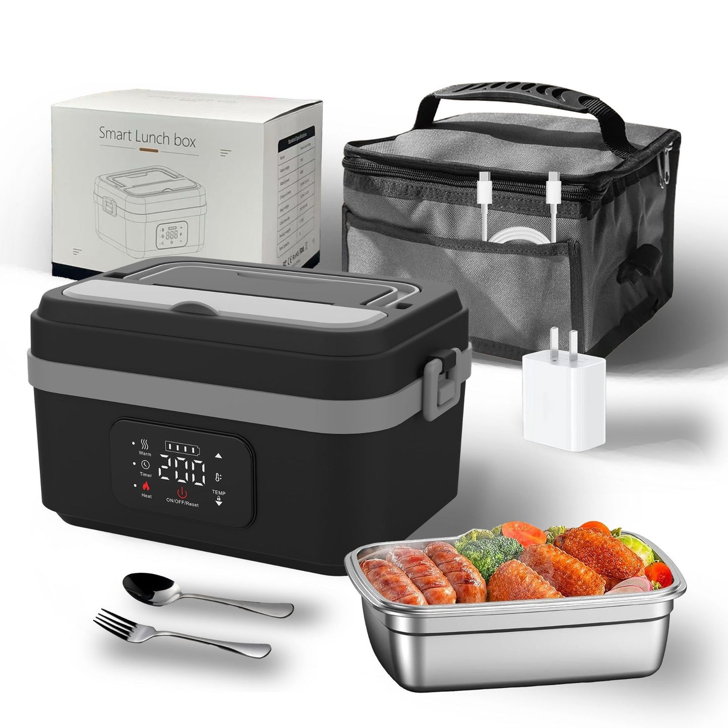 Electric Lunch Box Food Heater with LCD Display Timer & Carry Bag - Portable Self Heating Bento Box Stainless Steel Container for Work