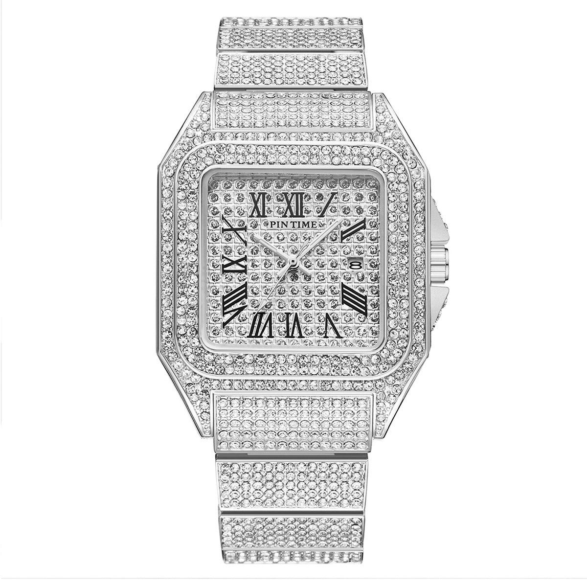 Pin Time Men's Full Iced Out Square Watch | Silver CZ Pave Roman Numeral Santos Style Hip Hop Watch with Date
