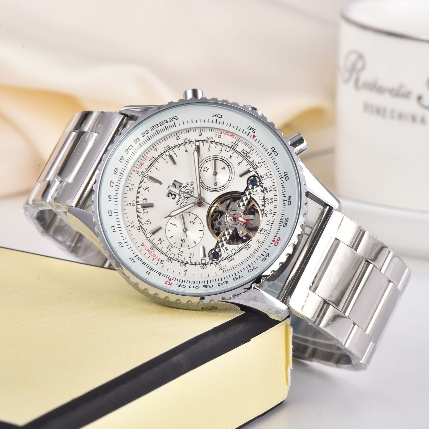 Men's Automatic Tourbillon Watch | Blue Dial Chronograph Stainless Steel Aviation Pilot Watch