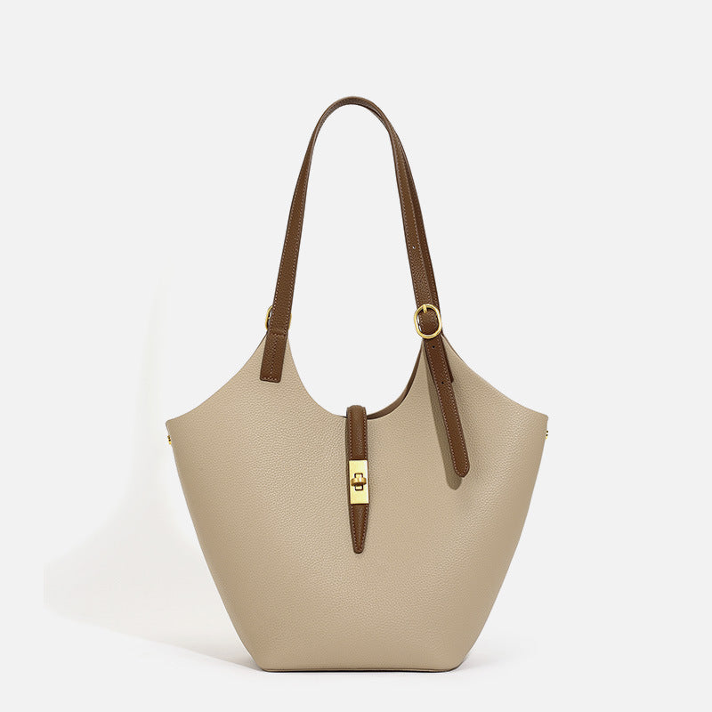 Luxury Leather Bucket Tote Bag with Gold Twist Lock | Women's Designer-Style Shoulder Bag in Beige & Brown Contrast Strap | Everyday Handbag for Work & Travel