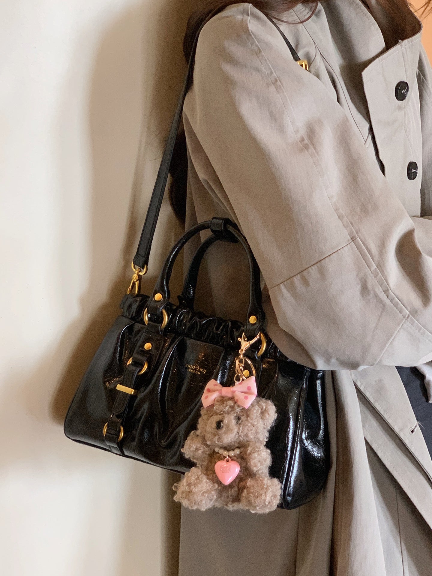 CHIO 2ND LONDON Black Patent Leather Ruched Satchel Bag - Gold Hardware Crossbody Handbag with Teddy Bear Charm | Women's Luxury Style Purse