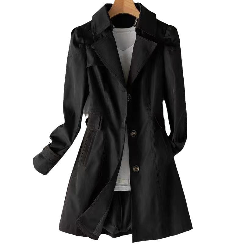 Women's Beige Mid-Length Trench Coat | Single Breasted Notch Lapel Slim Fit Coat | Korean Style Classic Windbreaker Jacket