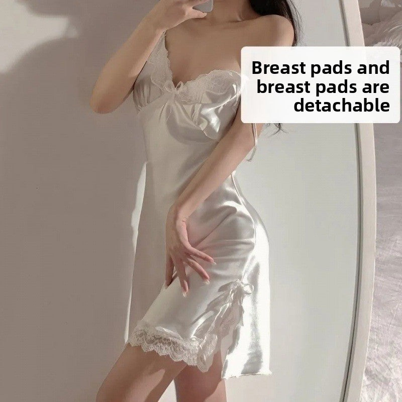 Women's White Satin Lace Trim Babydoll Nightgown | Spaghetti Strap Bow Tie Mini Slip Dress | Bridal Romantic Sleepwear Lingerie Chemise