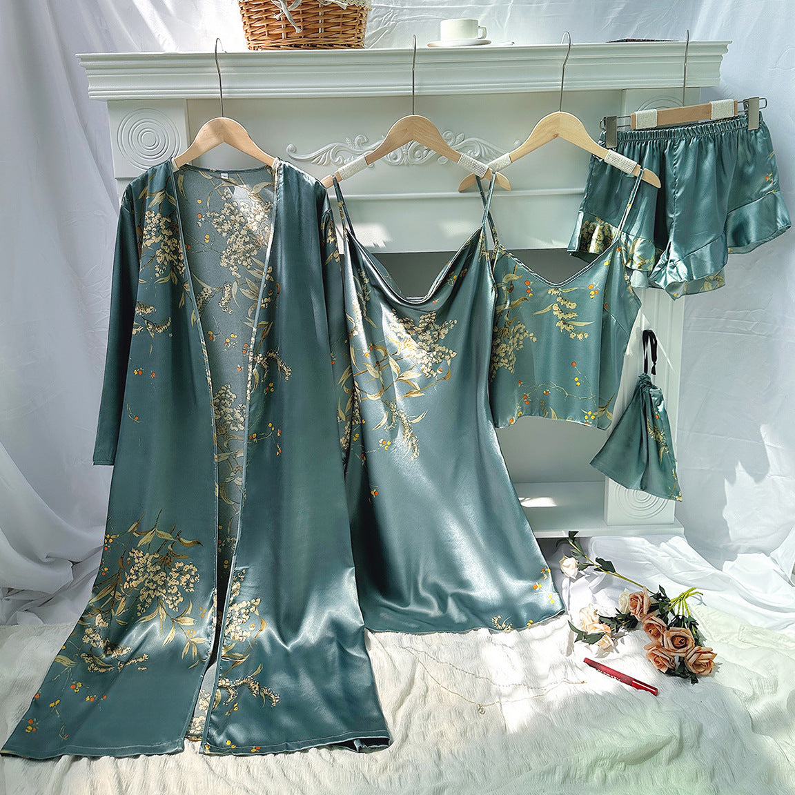 Women's 5-Piece Satin Floral Pyjama Set | Black Silk-Feel Robe, Slip Dress, Cami Top, Shorts & Bag | Luxury Sleepwear Gift Set