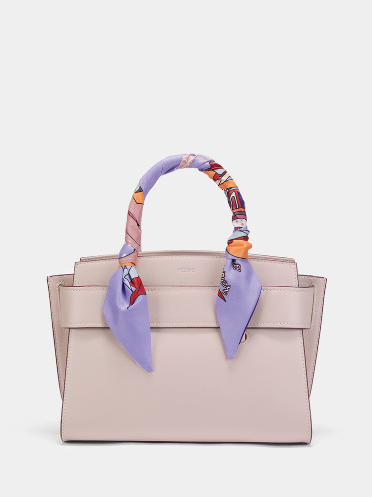 Orange Leather Handbag with Silk Scarf - Structured Trapezoid Tote Bag | Designer Belt Closure Satchel