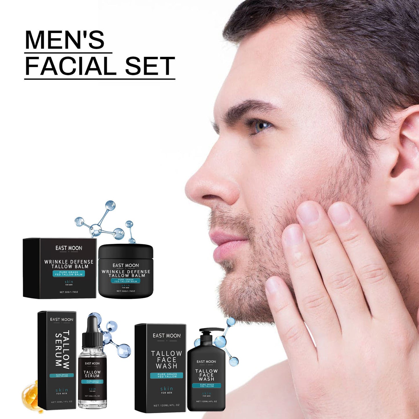 East Moon 3-Piece Grass-Fed Tallow Skincare Set for Men | Wrinkle Defense Balm + Tallow Serum + Face Wash | Anti-Aging Natural Skincare Bundle