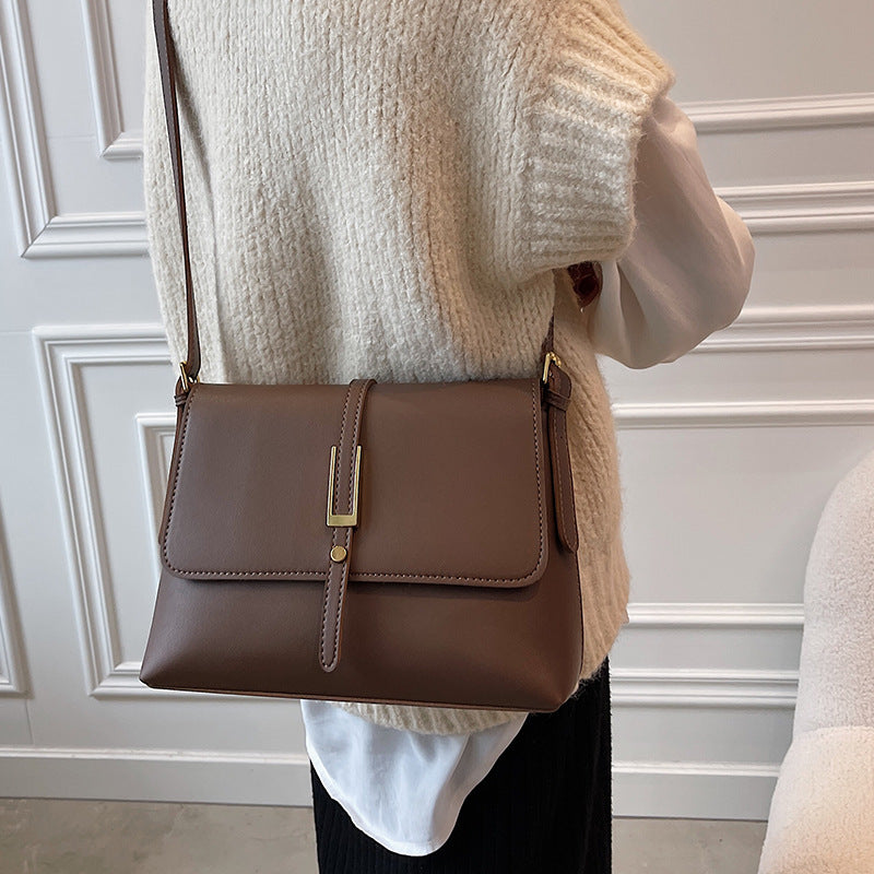 Black Leather Crossbody Bag with Gold Hardware | Structured Flap Shoulder Purse