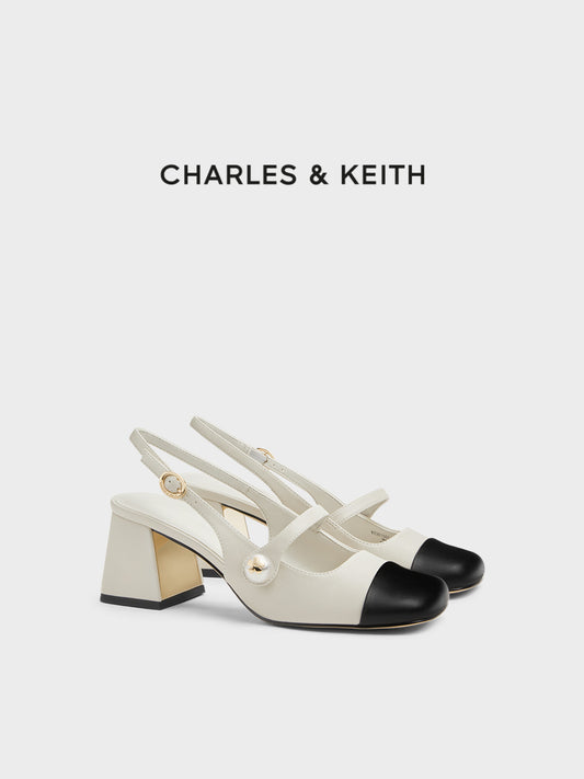 Ivory Black Cap Toe Mary Jane Slingback Block Heels for Women | Two Tone Pearl Button Strap Mid Heel Pumps | Elegant Vintage Inspired Block Heel Shoes | Chanel Inspired Cap Toe Heels